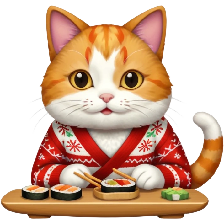 cat wearing a christmas sweater eating sushi emoji