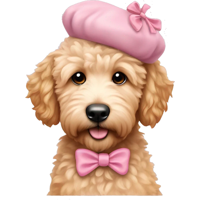 cute fluffy golden doodle with bow and beret in baby pink emoji
