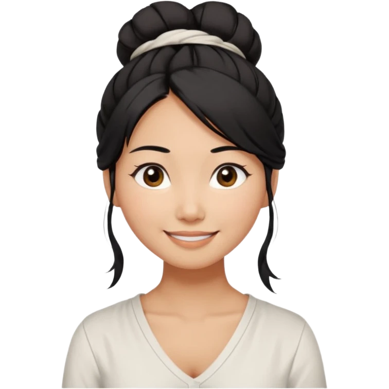 medium tan asian woman with long black hair tied 1 messt bun on top of head,  round brown eyes, white v neck blouse. shes smiling and friendly. emoji
