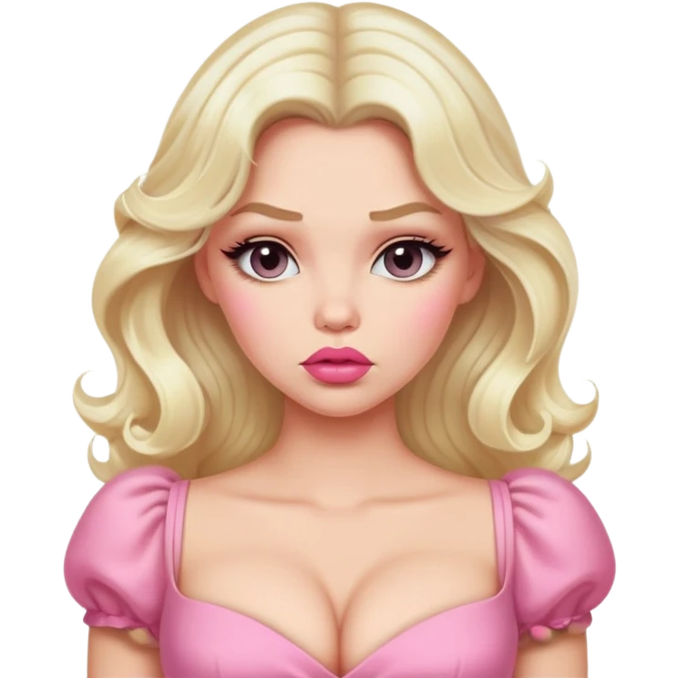 gorgeous woman with platinum wavy blonde hair with big puffy pouting lips, wearing a pink dress with cleavage. emoji
