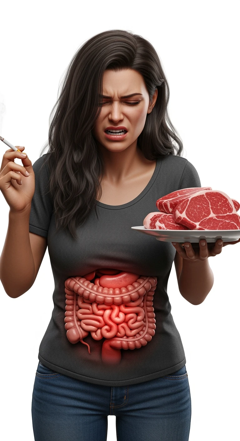 UNA DONNA REALISTICA CON UNA SIGARETTA IN MANO E UN PIATTO PIENO DI CARNE SIMMENTAL NELL'ALTRA MANO, INTESTINO ANATOMICO INFIAMMATO VISIBILE, MAL DI PANCIA, ISOLATA SU SFONDO BIANCO, IPERREALISTICA 4K emoji