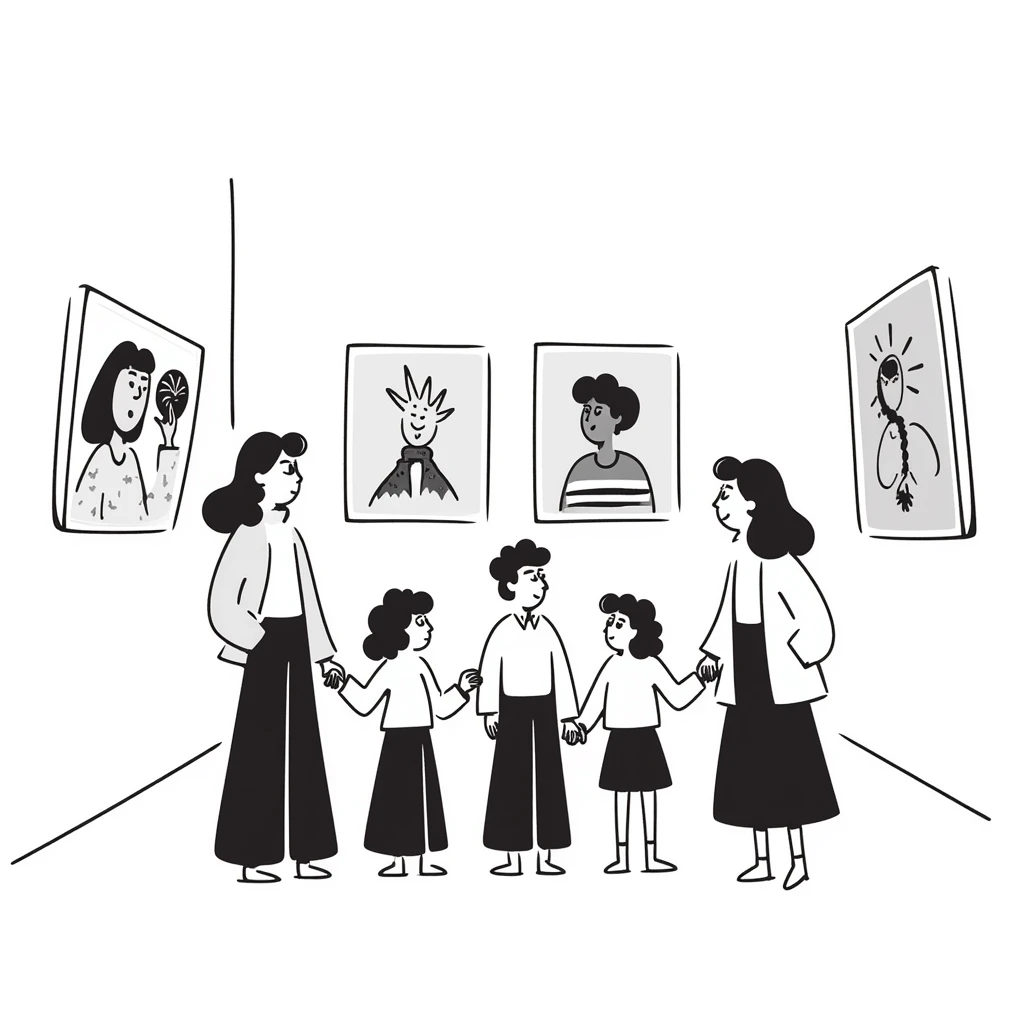 group of people standing looking at an art exhibit emoji