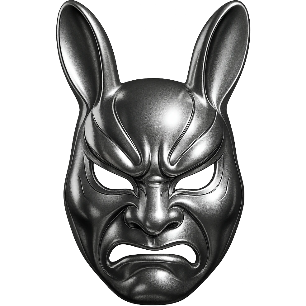 stylized usagi rabbit kabuki mask, red and white, angry expression, shiny chrome look emoji