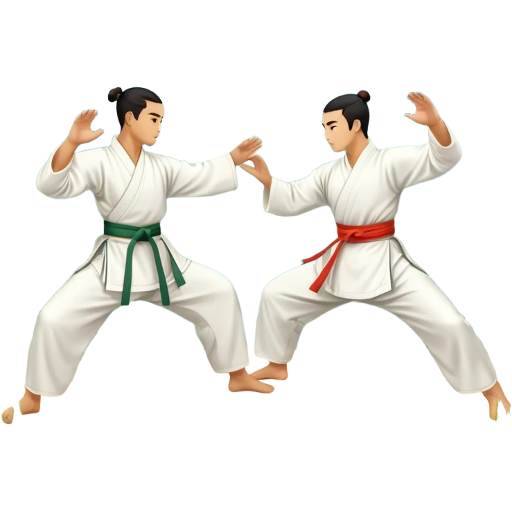 Two martial artists in traditional Wushu attire, performing elegant, fluid moves. The background shows a peaceful, scenic landscape with mountains and bamboo trees, symbolizing the balance of power and grace in Wushu.  emoji