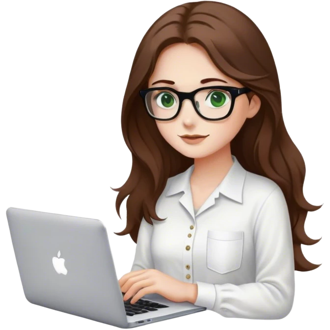 chica de ojos verdes con pelo marrón largo y algo ondulado, usando una camisa blanca y unos anteojos para leer con marco negro, mientras sostiene una macbook y tiene un café emoji