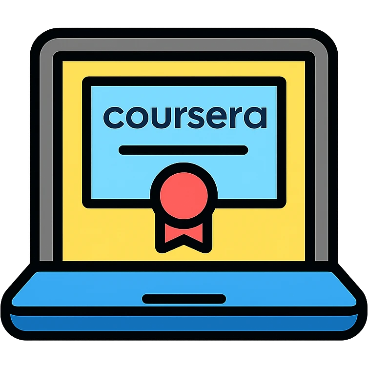 Online learning laptop with Coursera certificate emoji