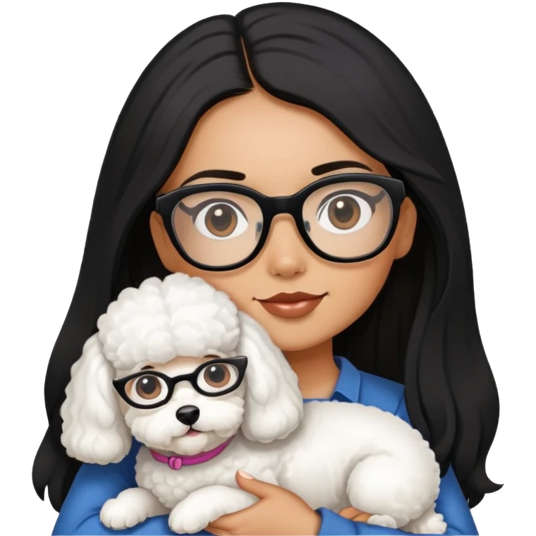 A girl with long black hair and glasses holding a bichon and a white devon emoji