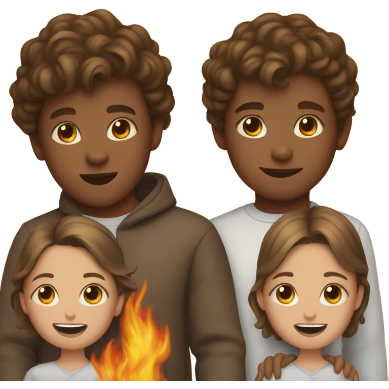 Twins, one boy, one girl, brown hair, flames emoji