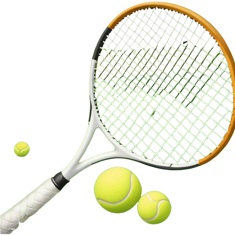 A tennis racket and a ball placed on a grassy court, with the net visible in the background. The scene captures the elegance and energy of the sport, with a vibrant green court and soft sunlight highlighting the equipment. emoji