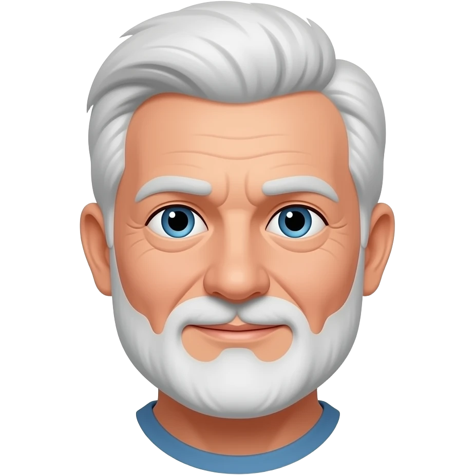77 year old man with white short hair and a white short bread emoji