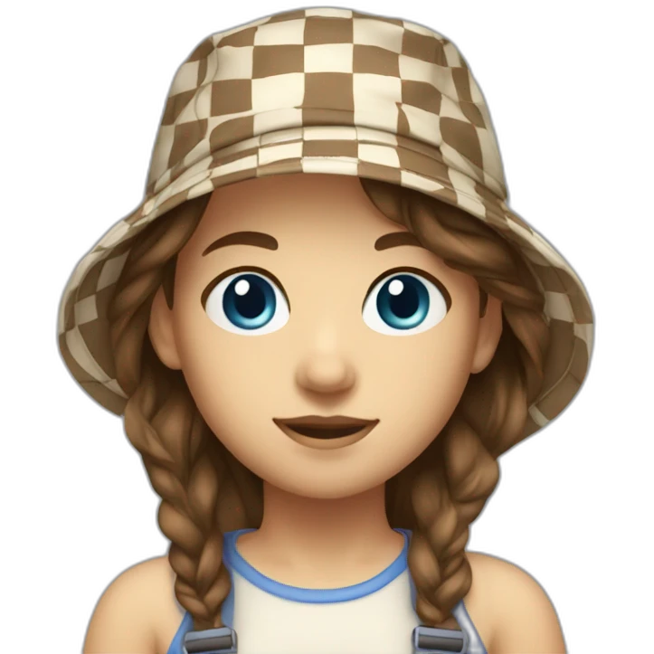 Girl, 16, medium length brown hair, blue eyes, checkered bucket hat emoji