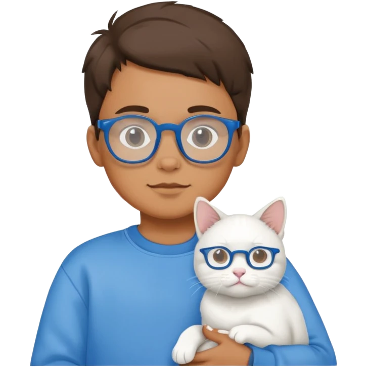 A boy wearing a sweatshirt and glasses holding a white cat emoji