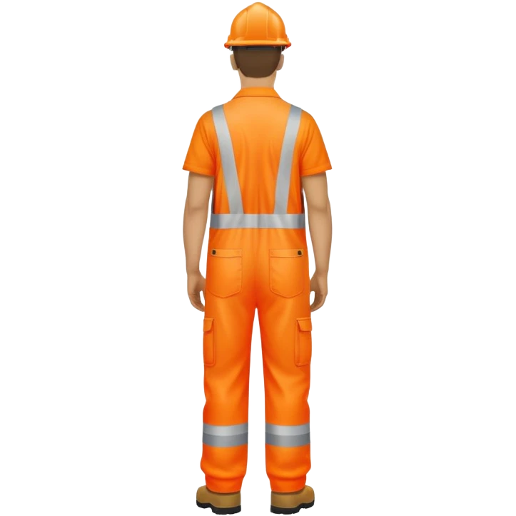 man standing, facing backwards, wearing orange hi visibility overalls,  emoji