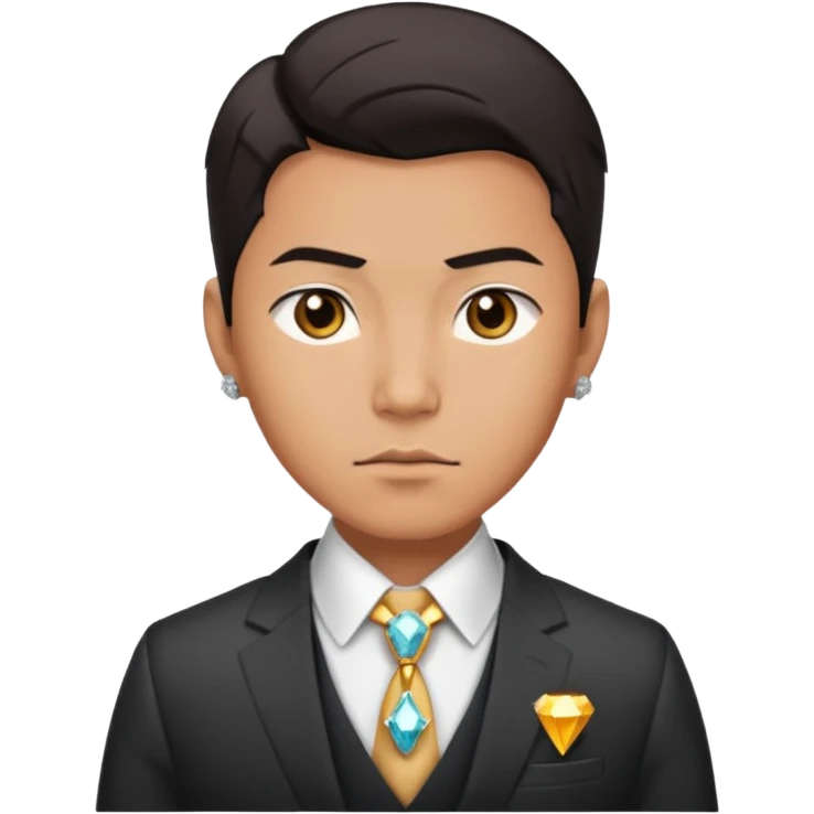 a male asian that have the qualities of rationality, smart career move with diamond and luxsury items , romantic non-involvement facial expression, and cosmopolitanism emoji