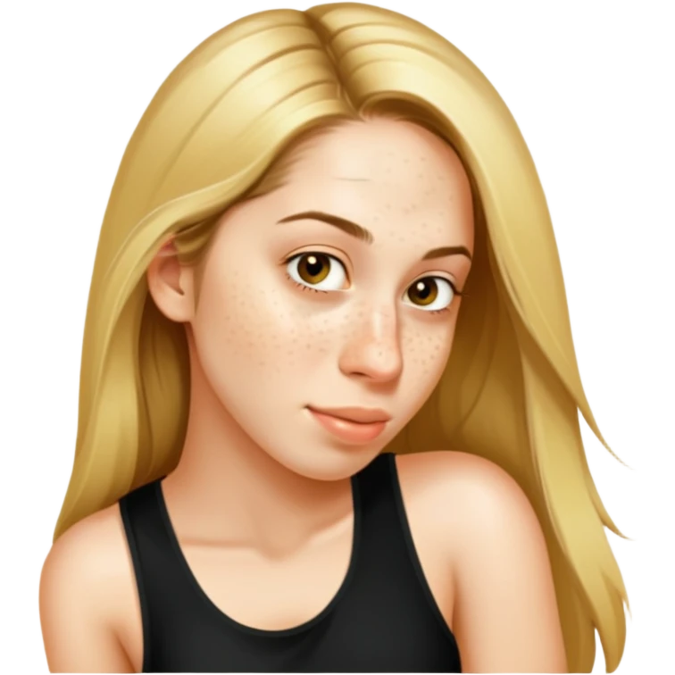 this girl with long blondish hair, hazel eyes, some freckles on the nose and cheecks, and a black tank top emoji