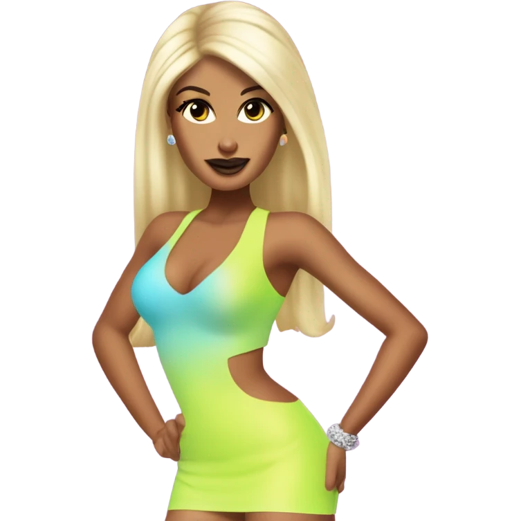 Tanned woman with long black hair, dressed in y2k Paris Hilton hair, makeup, and neon attire emoji