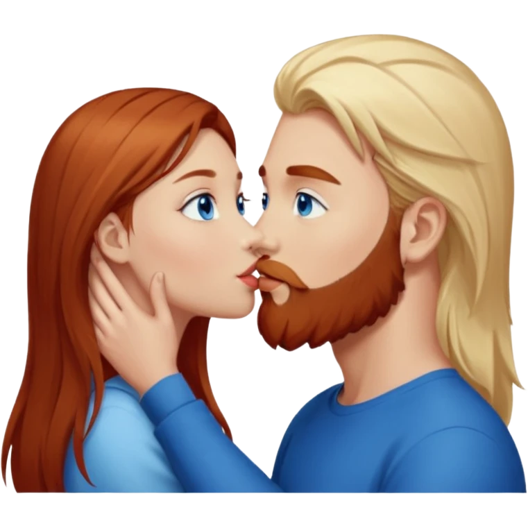 Long-pale-blonde hair, beautiful girl with blue eyes facing, kissing reddish-brown hair-beard boy blue eyed white guy emoji