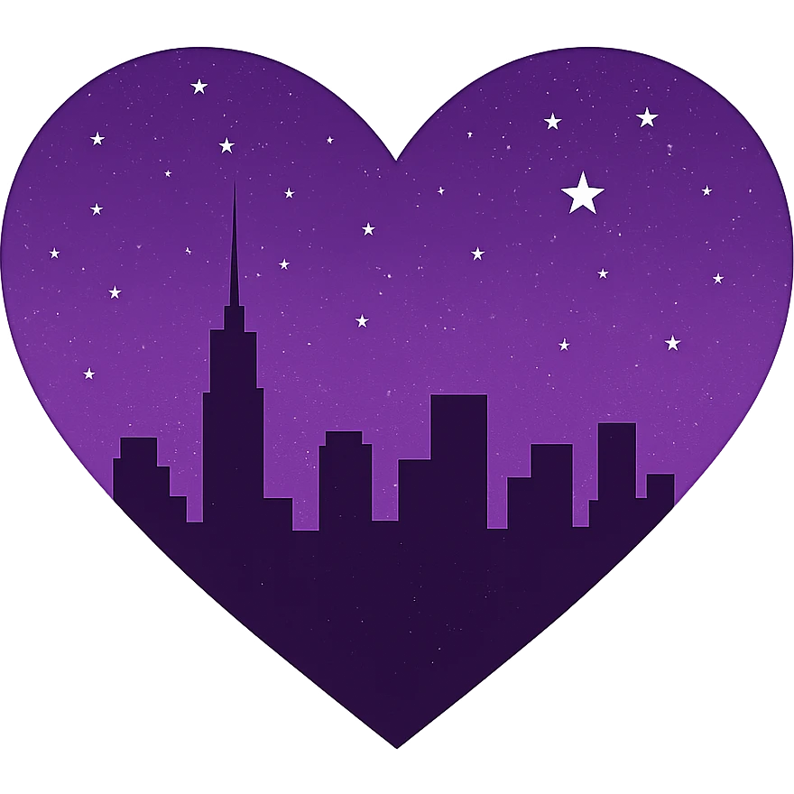 Change the heart with a city skyline at midnight to a purple night theme with a purple starry sky above and more stars. Remove the background entirely. emoji