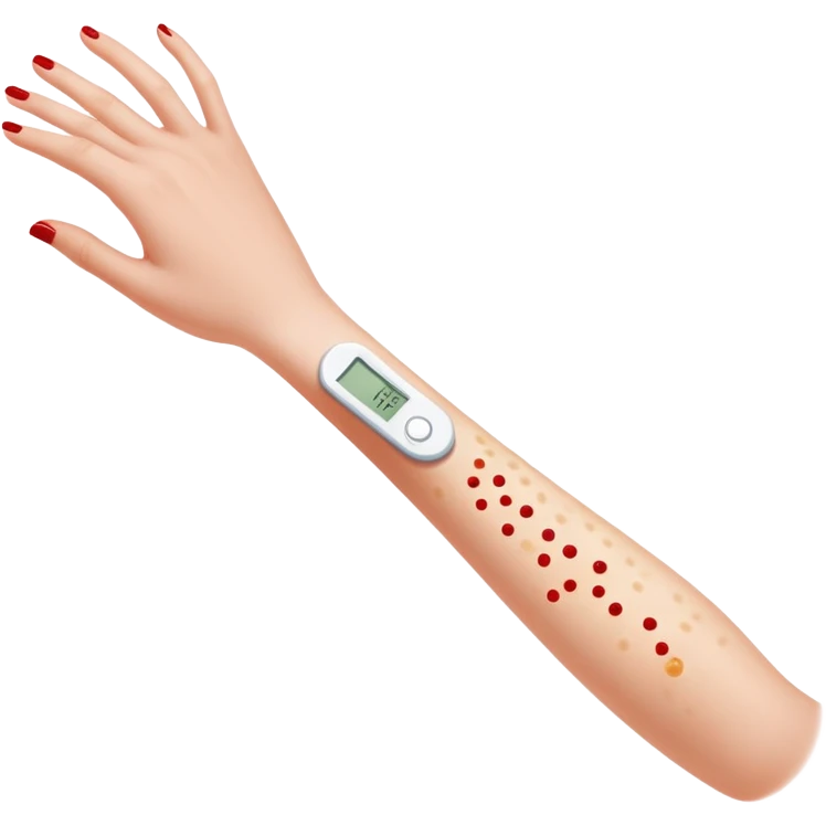 Allergy skin prick test on forearm with small red bumps showing reactions to different allergens emoji