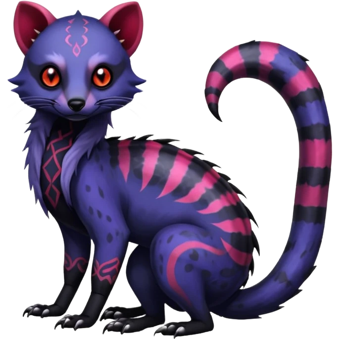 Rare warm-colored exotic gloomy tropical edgy cute epic aesthetic spooky indigo violet white black red gothic colorful Salandit-Civet-species-Fakemon-hybrid-creature, with tribal tattoo markings, full body emoji