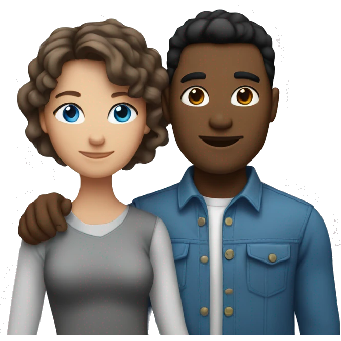 Couple with arms around each other. man with brown skin and black hair. white woman with brown hair and blue eyes  emoji