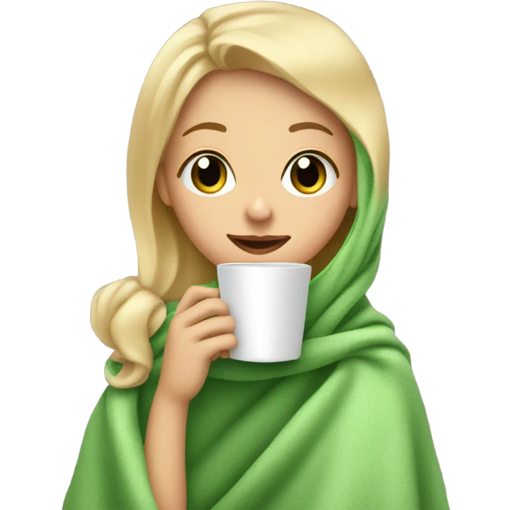 Blonde girl sipping coffee under blanket green eyes and rosy cheeks emoji