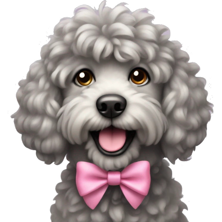 Grey fluffy curly dog with pink bows in ears emoji