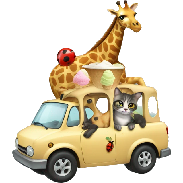 a cat riding a giraffe eating ice cream with a ladybug on top of the cat  emoji