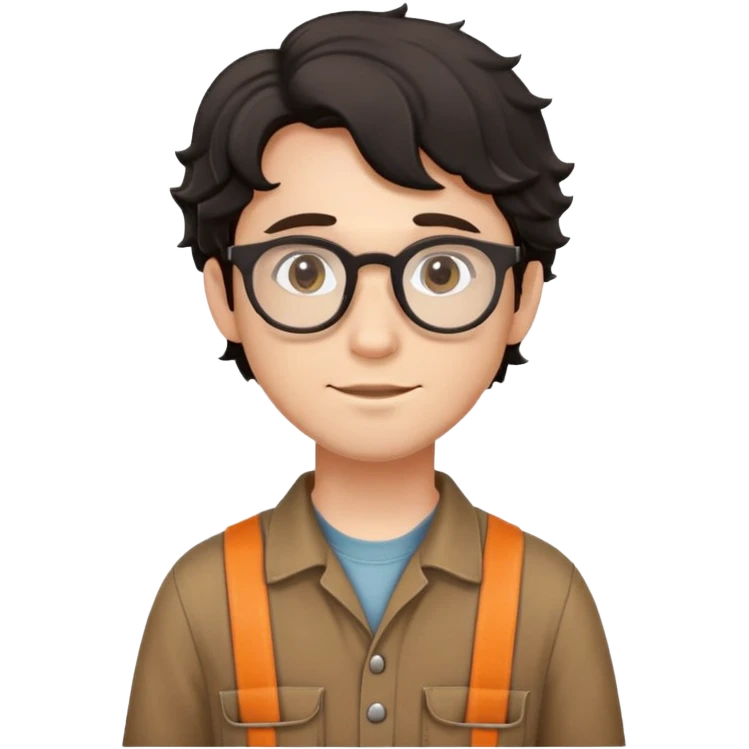 Young caucasian man with black wavy hair, round glasses, wearing brown carpenter outfit with shirt underneath emoji