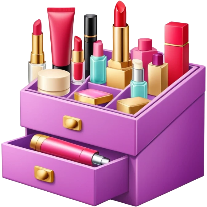 an open box overflowing with beauty products, including lipstick, face cream, and a perfume bottle emoji