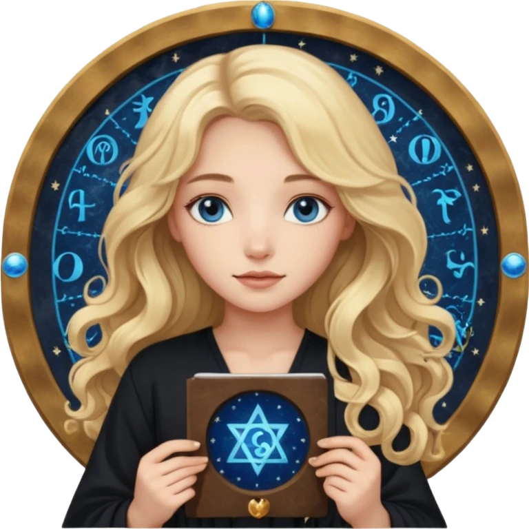 A long wavy haired blonde girl with blue eyes, wearing black, holding astrology chart with Virgo symbol  emoji