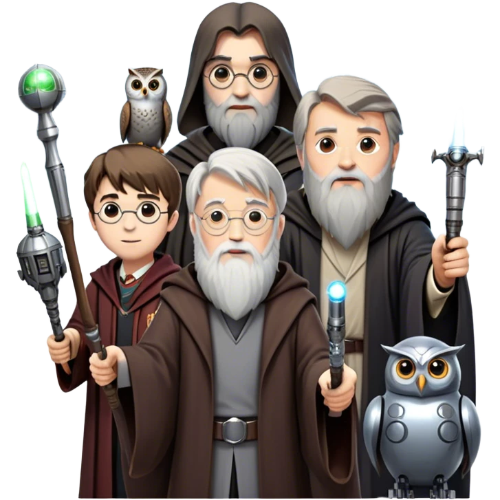 Icon for Fantasy and Sci-Fi Movies: Collage featuring Harry Potter with his wand, Dumbledore. Luke Skywalker with a lightsaber and futuristic robots. Background with a magical planet, Hogwarts, flying owls and spaceships. Epic and magical atmosphere. Transparent background. emoji