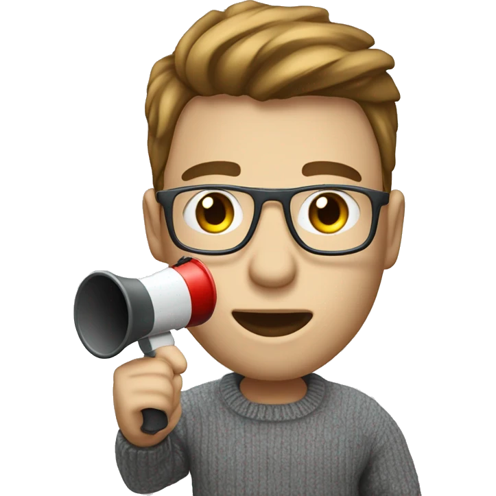software developer with white skin and a shirt under a sweater making an announcement with a megaphone emoji