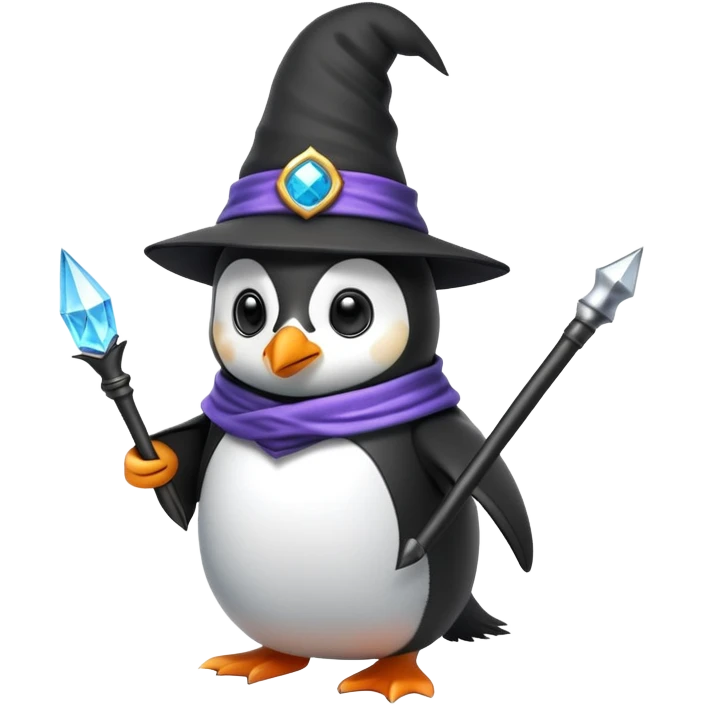 penguin wizard with a pointy hat and magic wand emoji