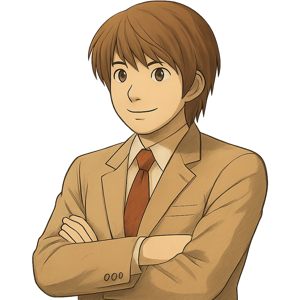 Fix the hands so both arms are naturally and realistically crossed, matching the exact Light Yagami Ghibli style. Keep the same suit and confident expression. Match the face, hair, and suit details exactly to the reference image. Transparent background. emoji