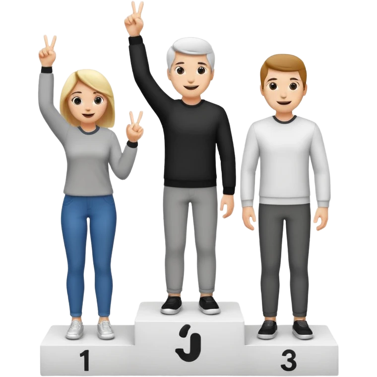 winners podium with three people black and white no numbers middle step higher all in relaxed casual clothes center person raises one finger on each hand cheerful expressive friendly emoji style emoji