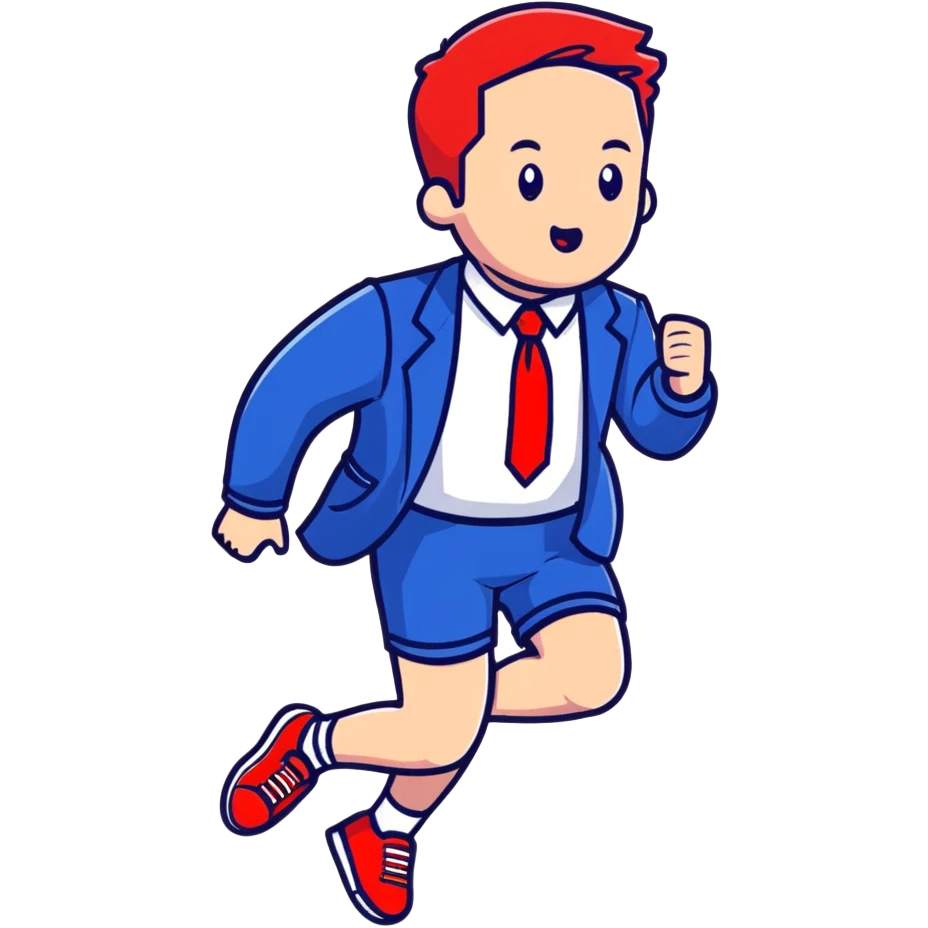 a running white man wearing a blue jacket, shorts, red sneakers, and a flowing red tie emoji
