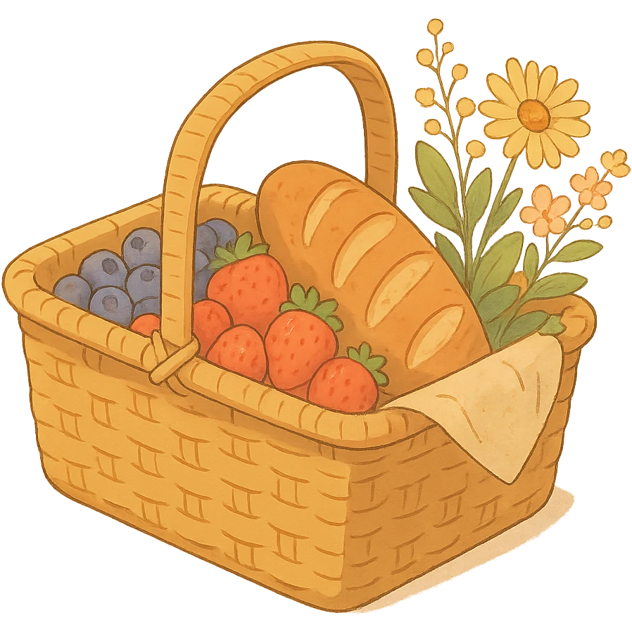 picnic basket with berries, bread, and flowers in warm pastel shades, soft Ghibli style emoji