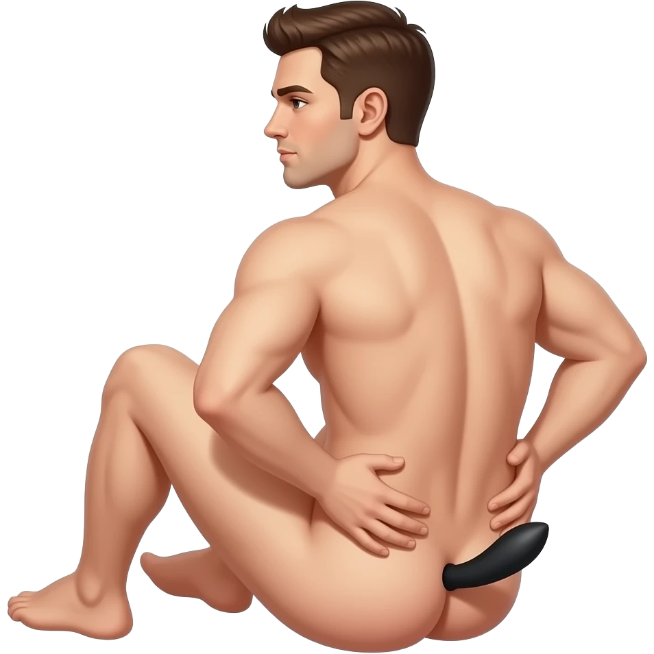 A naked man penetrating his ass With a black dildo he is sit in profile his hands are on his ass tearing them apart emoji