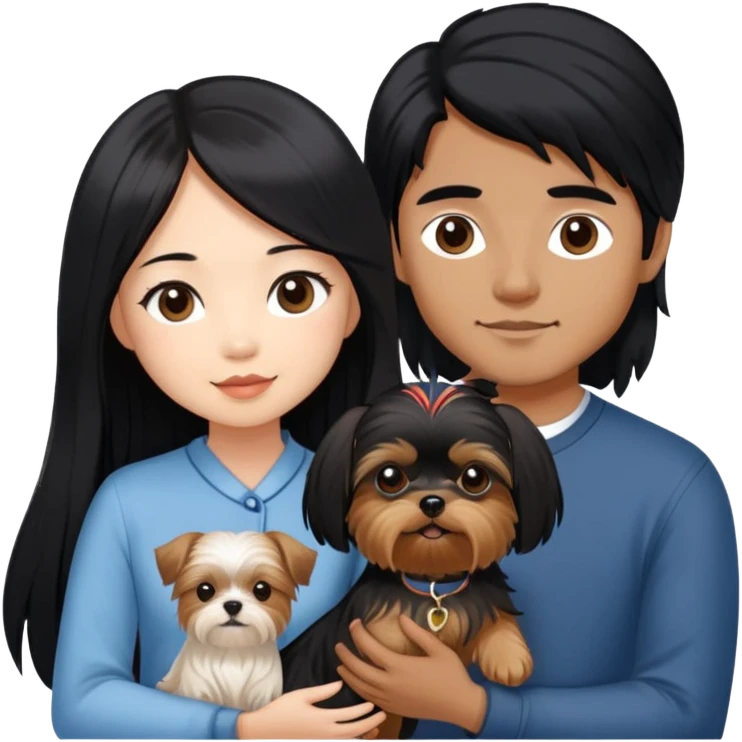 A beautiful Asian girl with long black hair is holding a Yorkshire Terrier. She is standing next to her brown skinned boyfriend, who is holding a Shih Tzu. They are each holding one dog each emoji