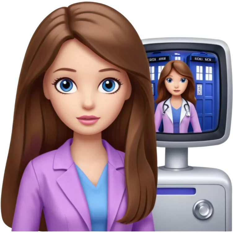 beautiful barbie girl with long brown hair, blue eyes and wearing light purple clothes watching dr who on tv emoji