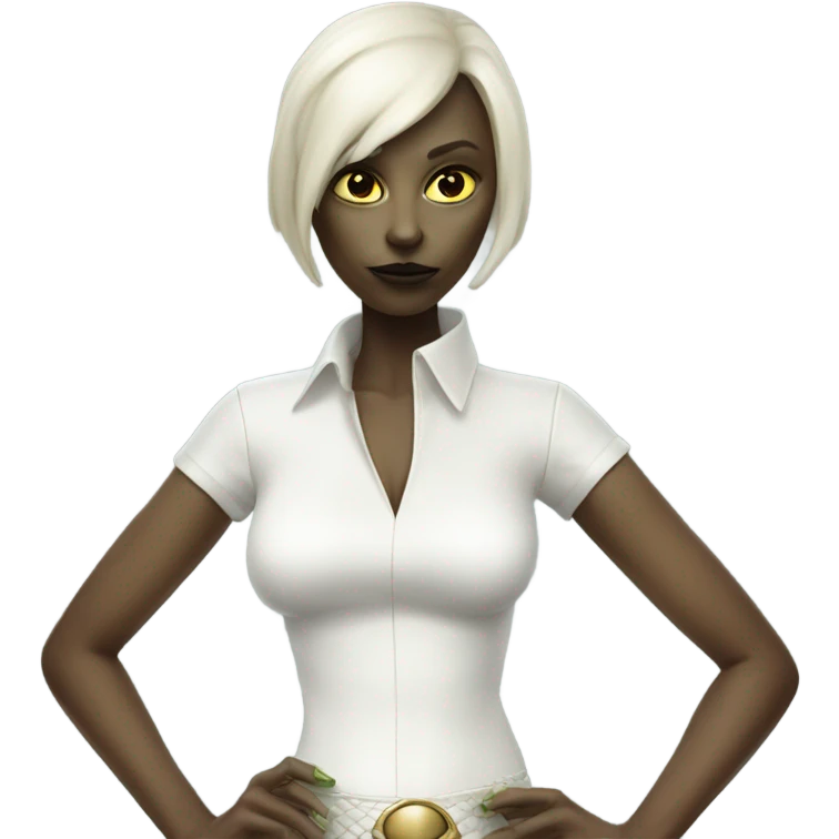 reptilian alien woman in white leather mini skirt, full figure emoji