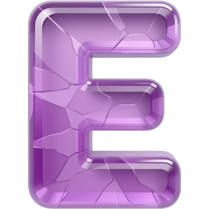 A hyper-realistic 3D letter 'E' carved from translucent purple amethyst, filled with glowing internal fractures. Volumetric lighting, cinematic glow, dark background, 8k resolution, emoji