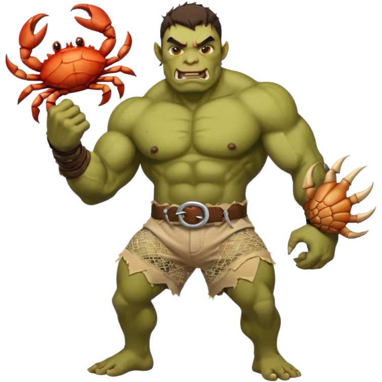 orc male flexing with giant crab. Torn net shorts, claw trophy belt emoji
