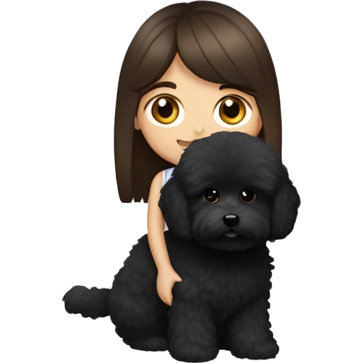 Caucasian Brunette girl long straight hair and hazel eyes, holding a black maltipoo with a white snout  to the side emoji