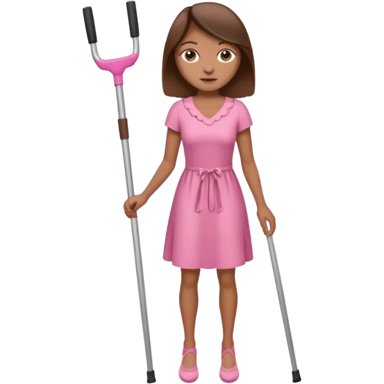 A woman with crutches , a pink dress brown hair and brown eyes emoji