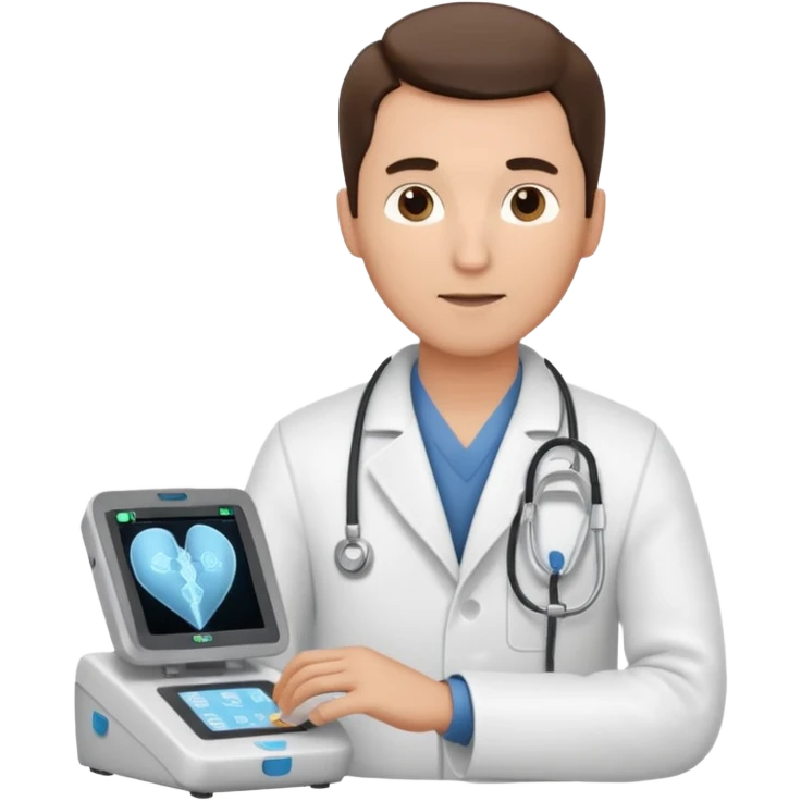 Cardiac sonographer male long white coat GE machine emoji