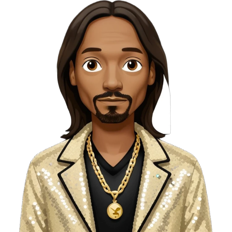 Snoop Dogg with long dark brown hair, ivory sequin jacket, black shirt with necklace emoji