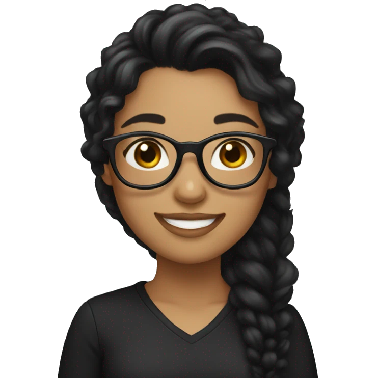 girl wearing black clothes, with long black slight curlyhair, glasses, smile,  emoji