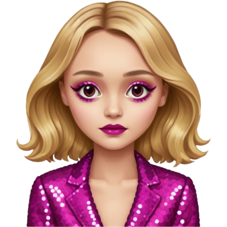 Lily-Rose Depp with long golden blonde hair, dark pink sequin outfit, makeup emoji